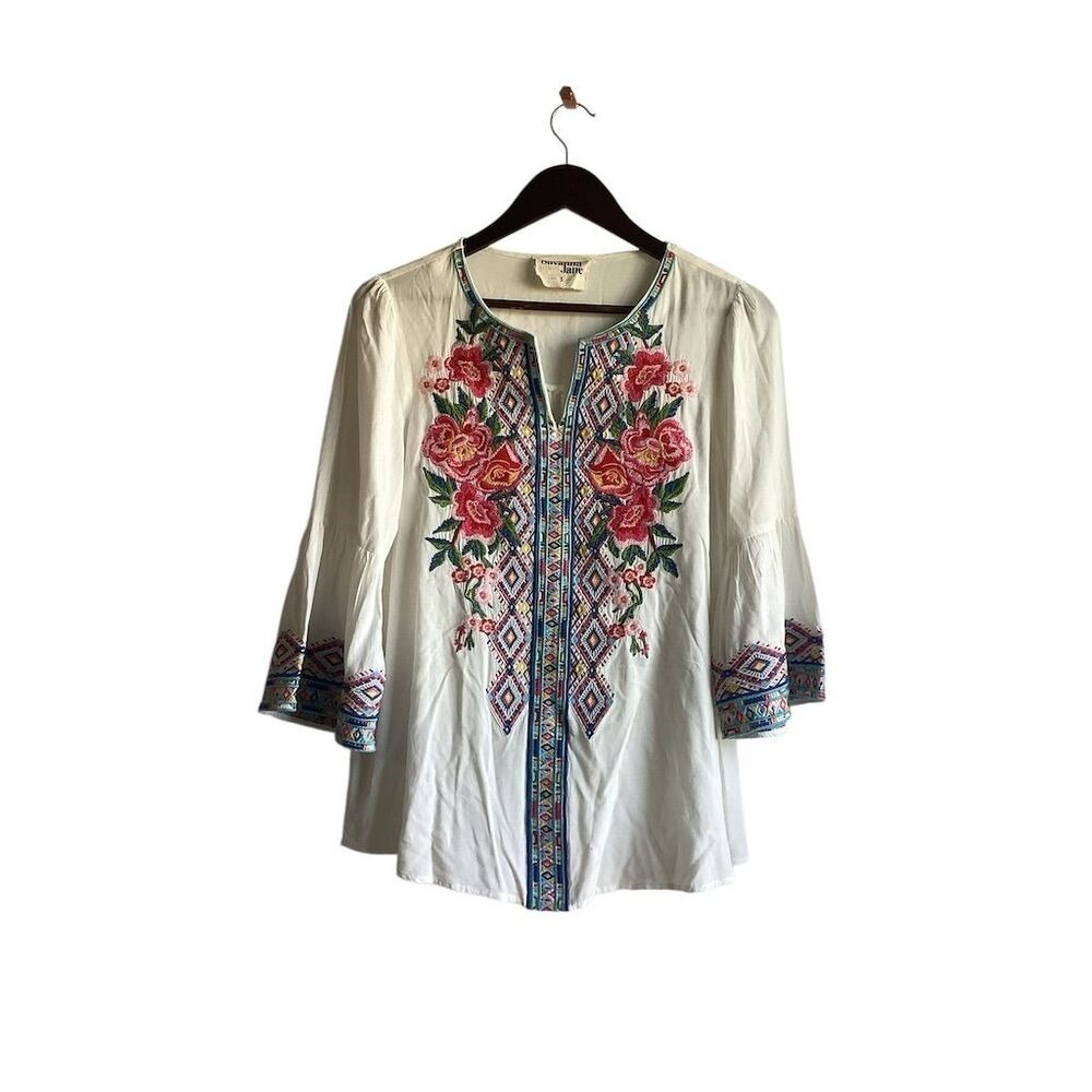 Savannah Jane Embroidered Floral Tunic Top Flare Sleeve White Women's‎ Size S